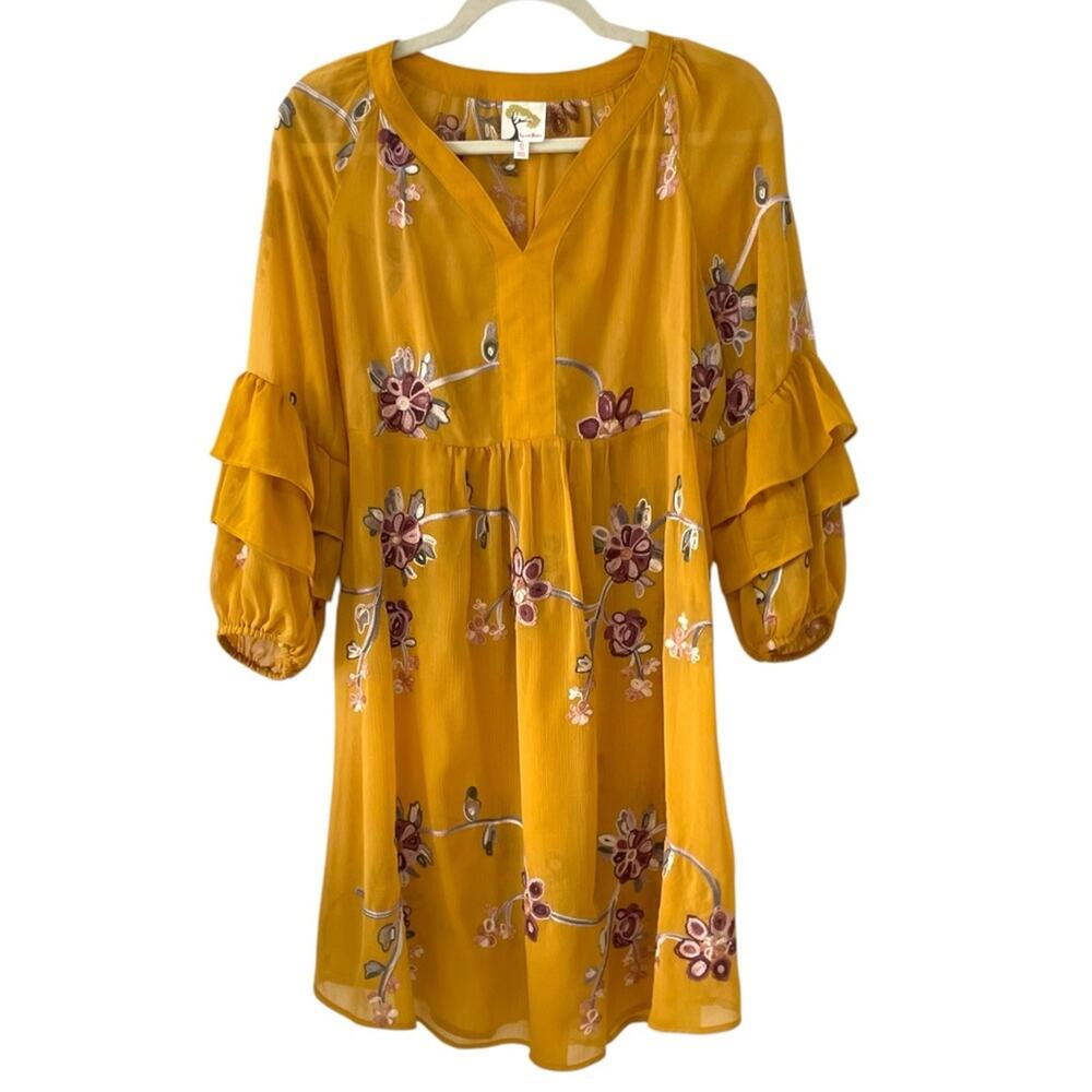 Fig and Flower Embroidered Tunic Dress | Mustard Yellow | Size Small Sheer